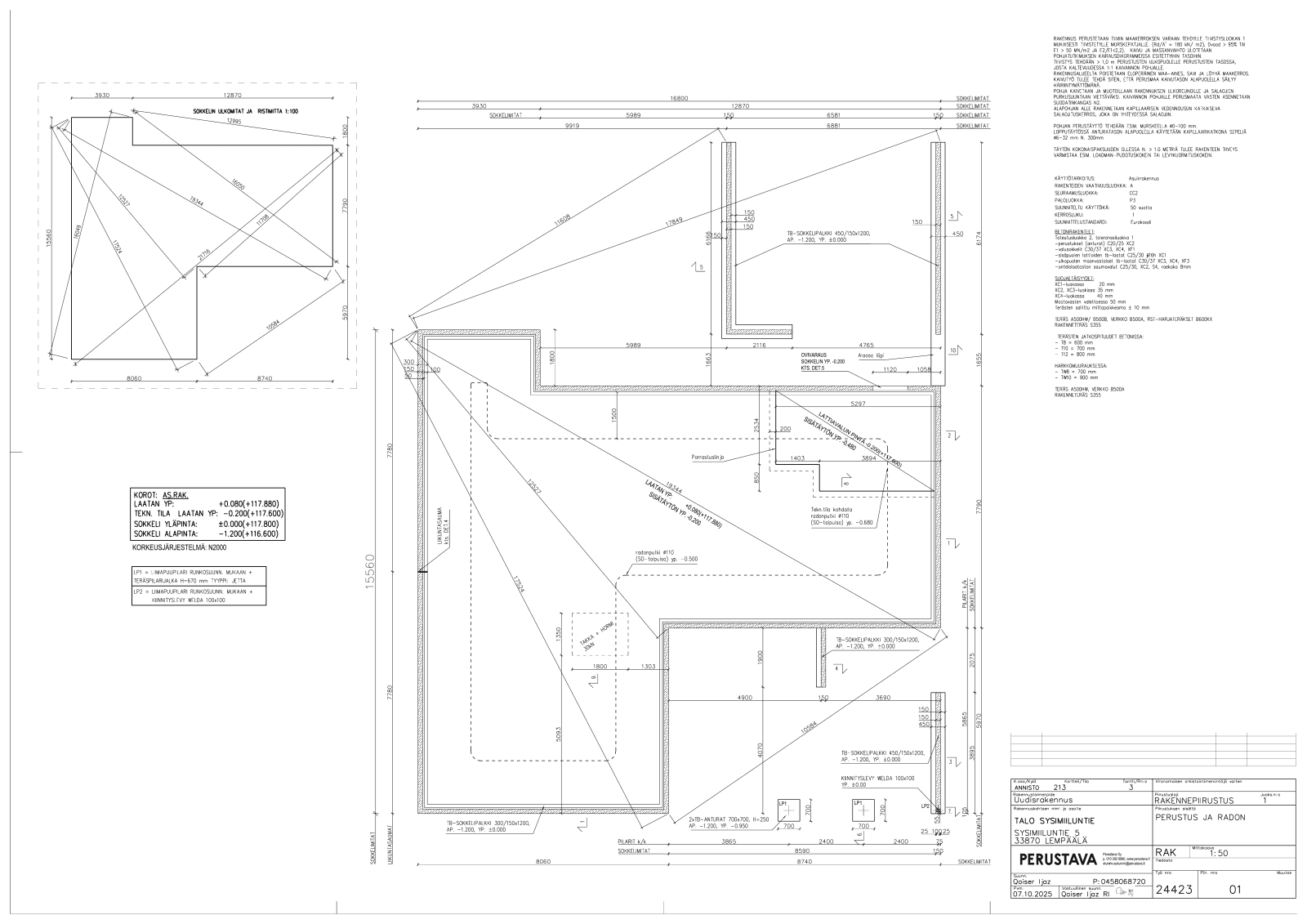 Supplied construction drawing showing foundation geometry, dimensions, and a title block